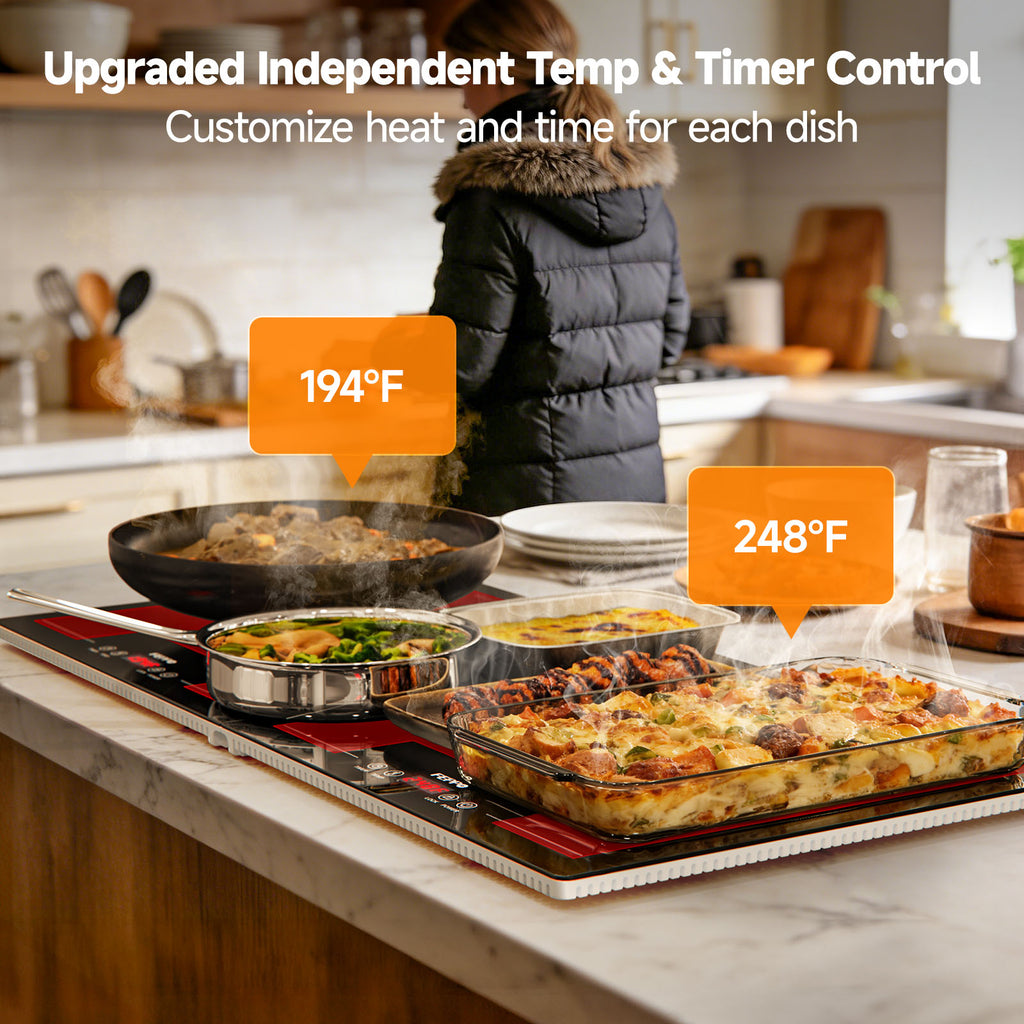 FEPPO Electric Food Warming Tray, 2-in-1 Expandable Modular Buffet Food Warmer, Dual-Zone Independent Temp & Timer Control, 31"x15" Glass Surface, Food Warmers for Parties & Buffet (Black)