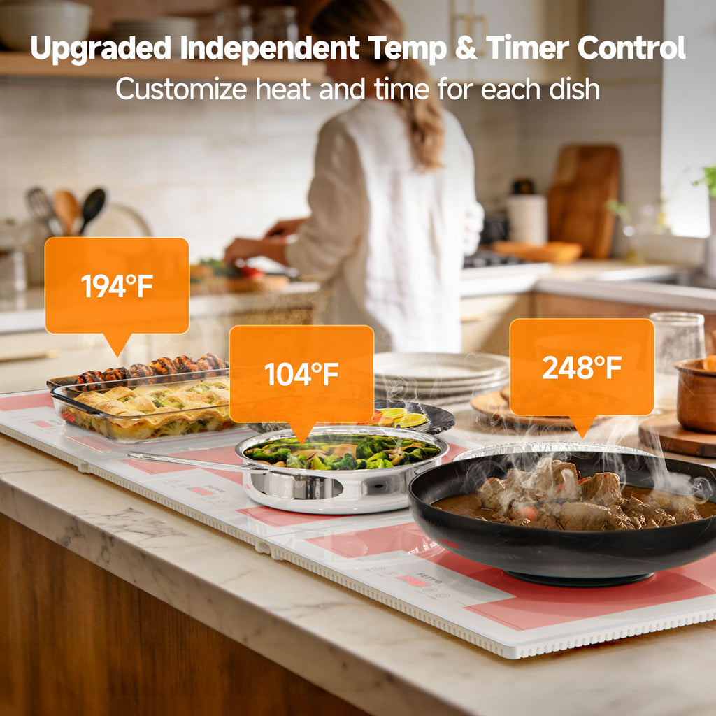 FEPPO Electric Food Warming Tray, Extra-Long 47"x15" 3-in-1 Expandable Modular Food Warmer with Independent Temp & Timer Control, Food Warming Mat for Parties & Buffet (White)