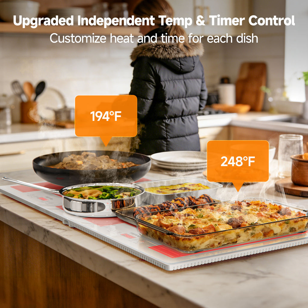 FEPPO Electric Food Warming Tray, 2-in-1 Expandable Modular Buffet Food Warmer, Dual-Zone Independent Temp & Timer Control, 31"x15" Glass Surface, Food Warmers for Parties & Buffet (White)
