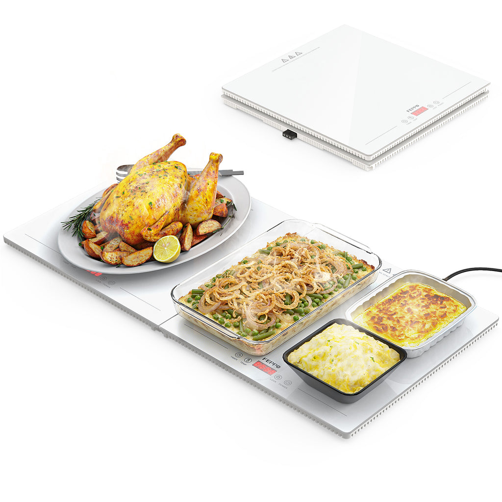 FEPPO Electric Food Warming Tray, 2-in-1 Expandable Modular Buffet Food Warmer, Dual-Zone Independent Temp & Timer Control, 31"x15" Glass Surface, Food Warmers for Parties & Buffet (White)