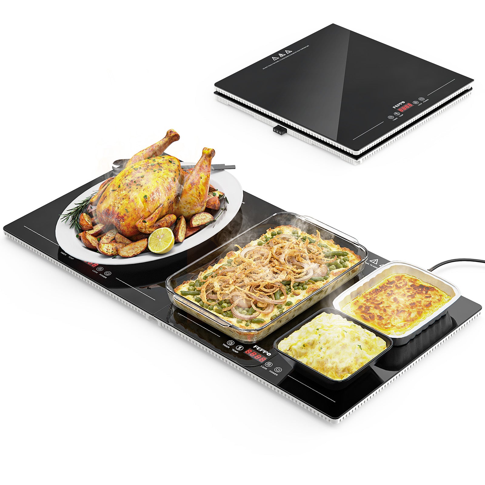 FEPPO Electric Food Warming Tray, 2-in-1 Expandable Modular Buffet Food Warmer, Dual-Zone Independent Temp & Timer Control, 31"x15" Glass Surface, Food Warmers for Parties & Buffet (Black)