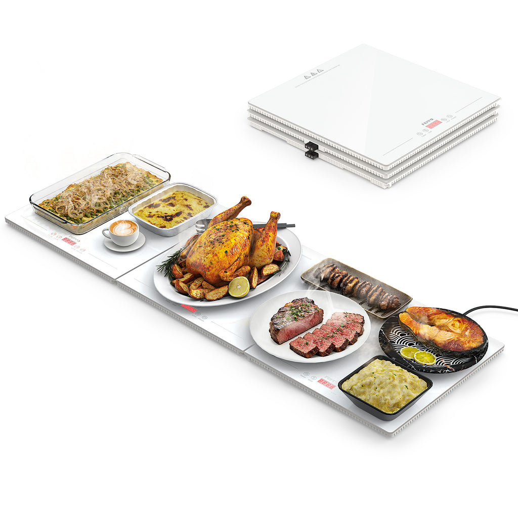 FEPPO Electric Food Warming Tray, Extra-Long 47"x15" 3-in-1 Expandable Modular Food Warmer with Independent Temp & Timer Control, Food Warming Mat for Parties & Buffet (White)