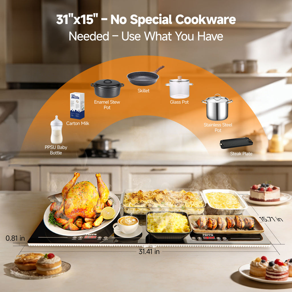 FEPPO Electric Food Warming Tray, 2-in-1 Expandable Modular Buffet Food Warmer, Dual-Zone Independent Temp & Timer Control, 31"x15" Glass Surface, Food Warmers for Parties & Buffet (Black)