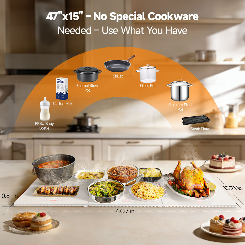 FEPPO Electric Food Warming Tray, Extra-Long 47"x15" 3-in-1 Expandable Modular Food Warmer with Independent Temp & Timer Control, Food Warming Mat for Parties & Buffet (White)