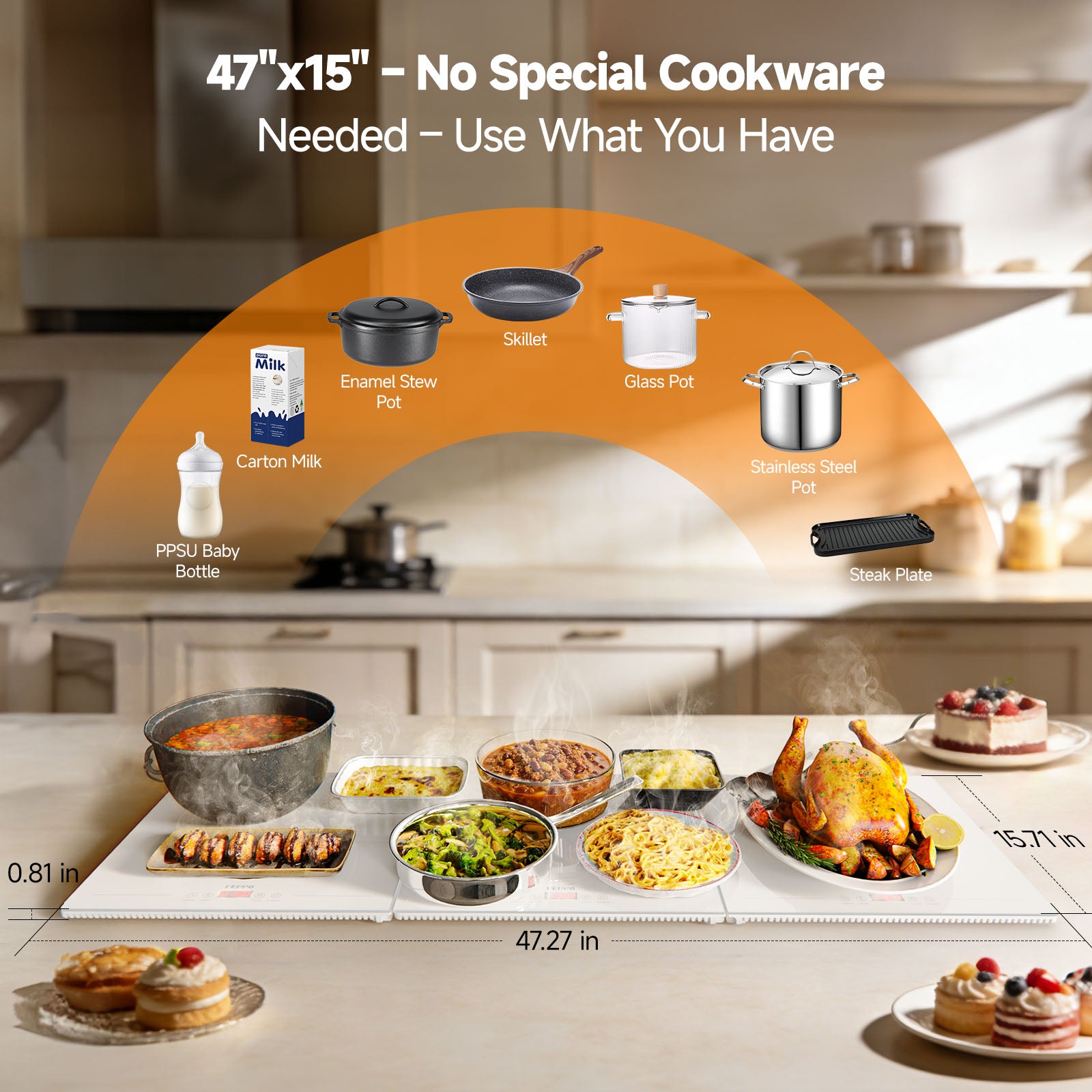 FEPPO Electric Food Warming Tray, Extra-Long 47"x15" 3-in-1 Expandable Modular Food Warmer with Independent Temp & Timer Control, Food Warming Mat for Parties & Buffet (White)