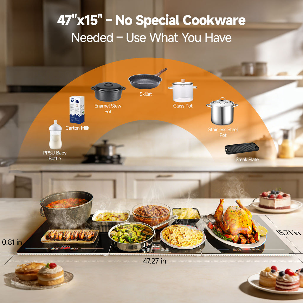 FEPPO Electric Food Warming Tray, Extra-Long 47"x15" 3-in-1 Expandable Modular Food Warmer with Independent Temp & Timer Control, Food Warming Mat for Parties & Buffet (Black)