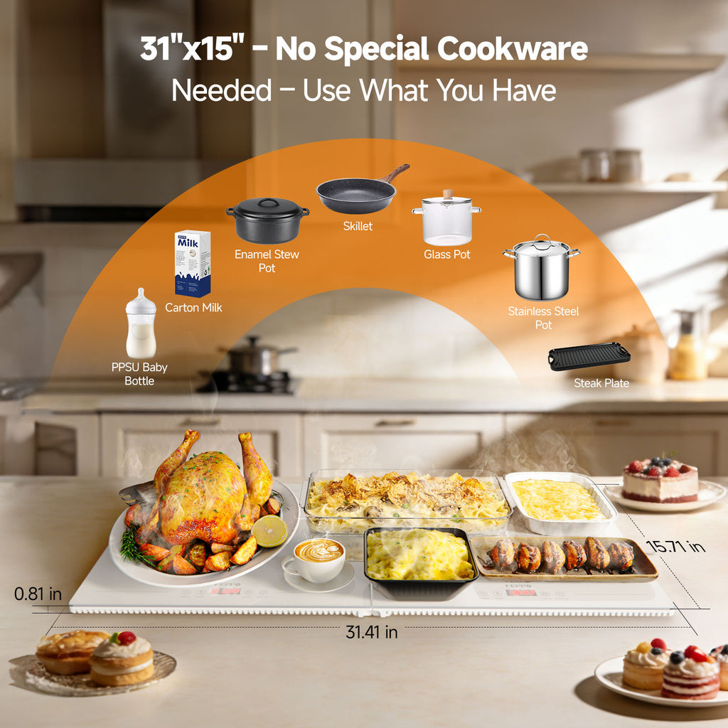 FEPPO Electric Food Warming Tray, 2-in-1 Expandable Modular Buffet Food Warmer, Dual-Zone Independent Temp & Timer Control, 31"x15" Glass Surface, Food Warmers for Parties & Buffet (White)