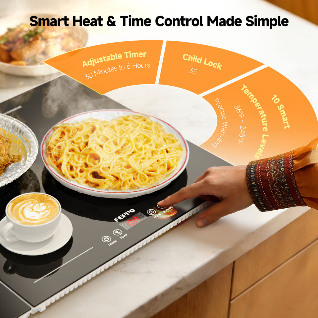 FEPPO Electric Food Warming Tray, 2-in-1 Expandable Modular Buffet Food Warmer, Dual-Zone Independent Temp & Timer Control, 31"x15" Glass Surface, Food Warmers for Parties & Buffet (Black)