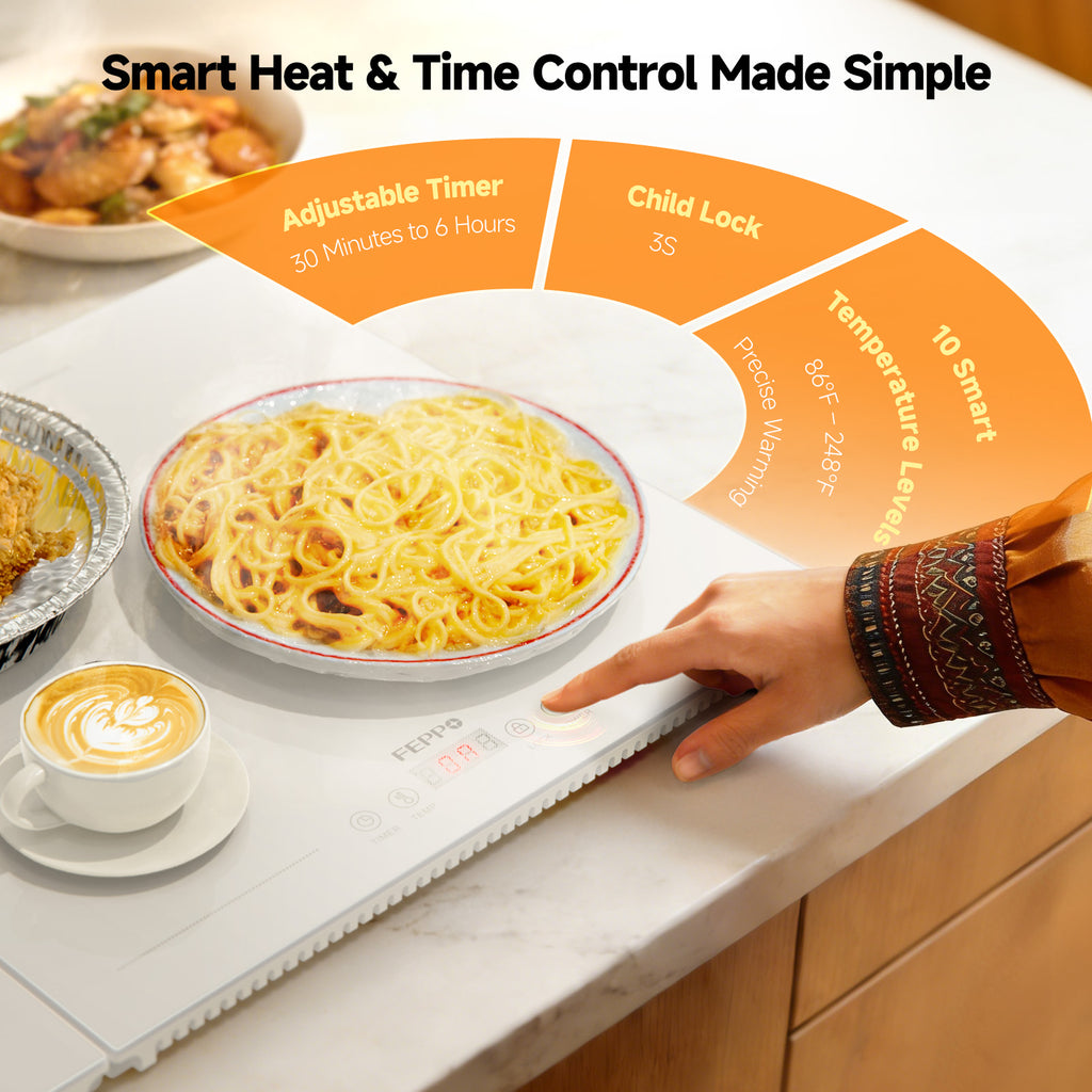 FEPPO Electric Food Warming Tray, 2-in-1 Expandable Modular Buffet Food Warmer, Dual-Zone Independent Temp & Timer Control, 31"x15" Glass Surface, Food Warmers for Parties & Buffet (White)