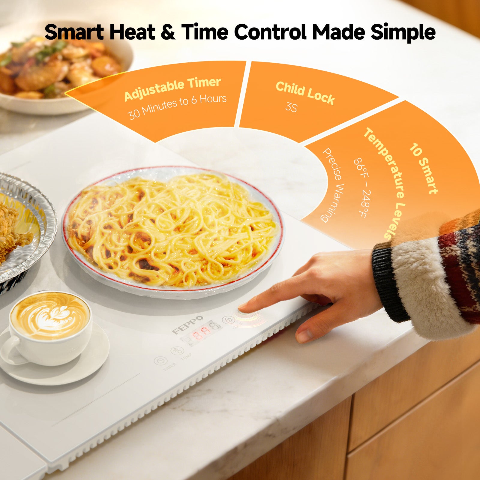 FEPPO Electric Food Warming Tray, Extra-Long 47"x15" 3-in-1 Expandable Modular Food Warmer with Independent Temp & Timer Control, Food Warming Mat for Parties & Buffet (White)