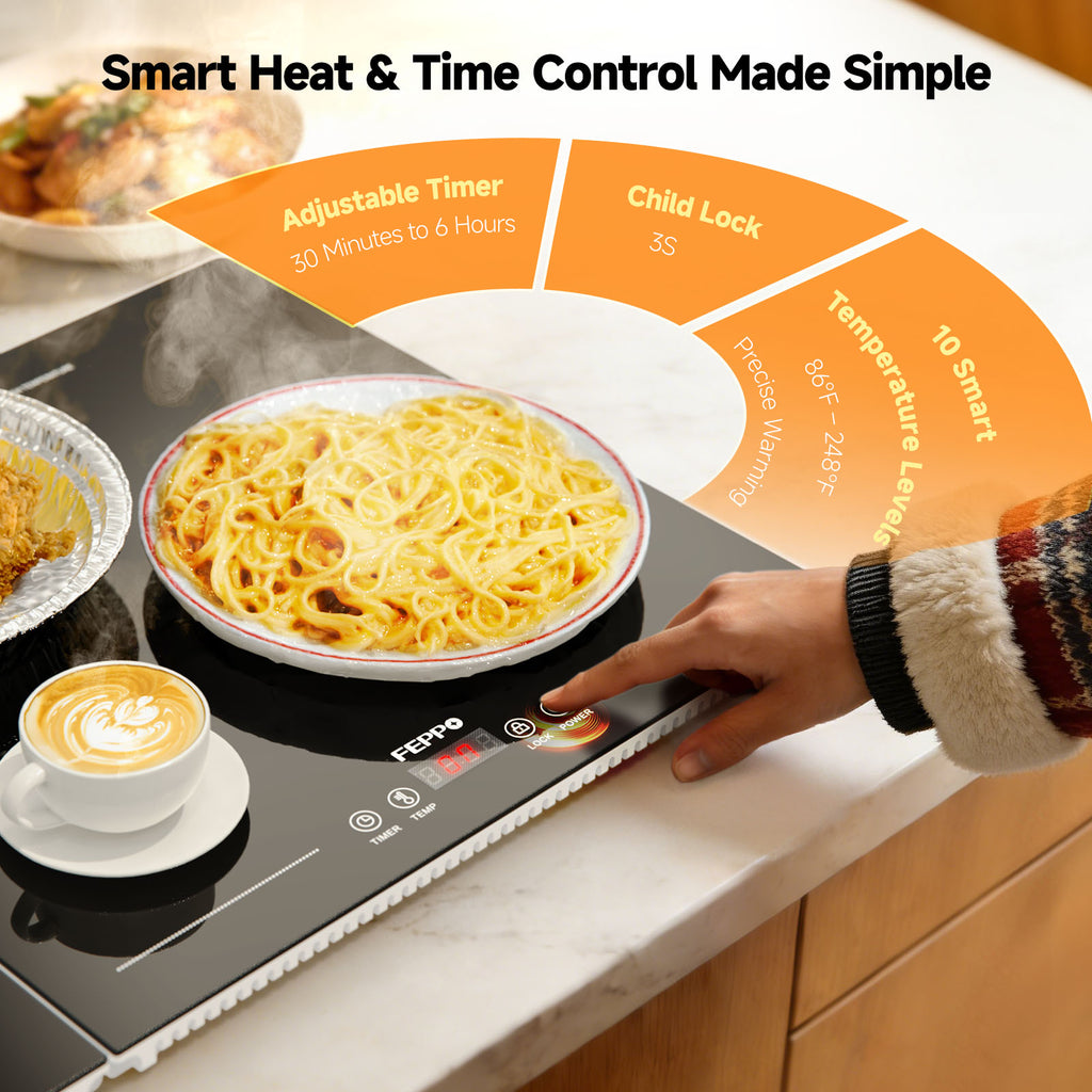FEPPO Electric Food Warming Tray, Extra-Long 47"x15" 3-in-1 Expandable Modular Food Warmer with Independent Temp & Timer Control, Food Warming Mat for Parties & Buffet (Black)