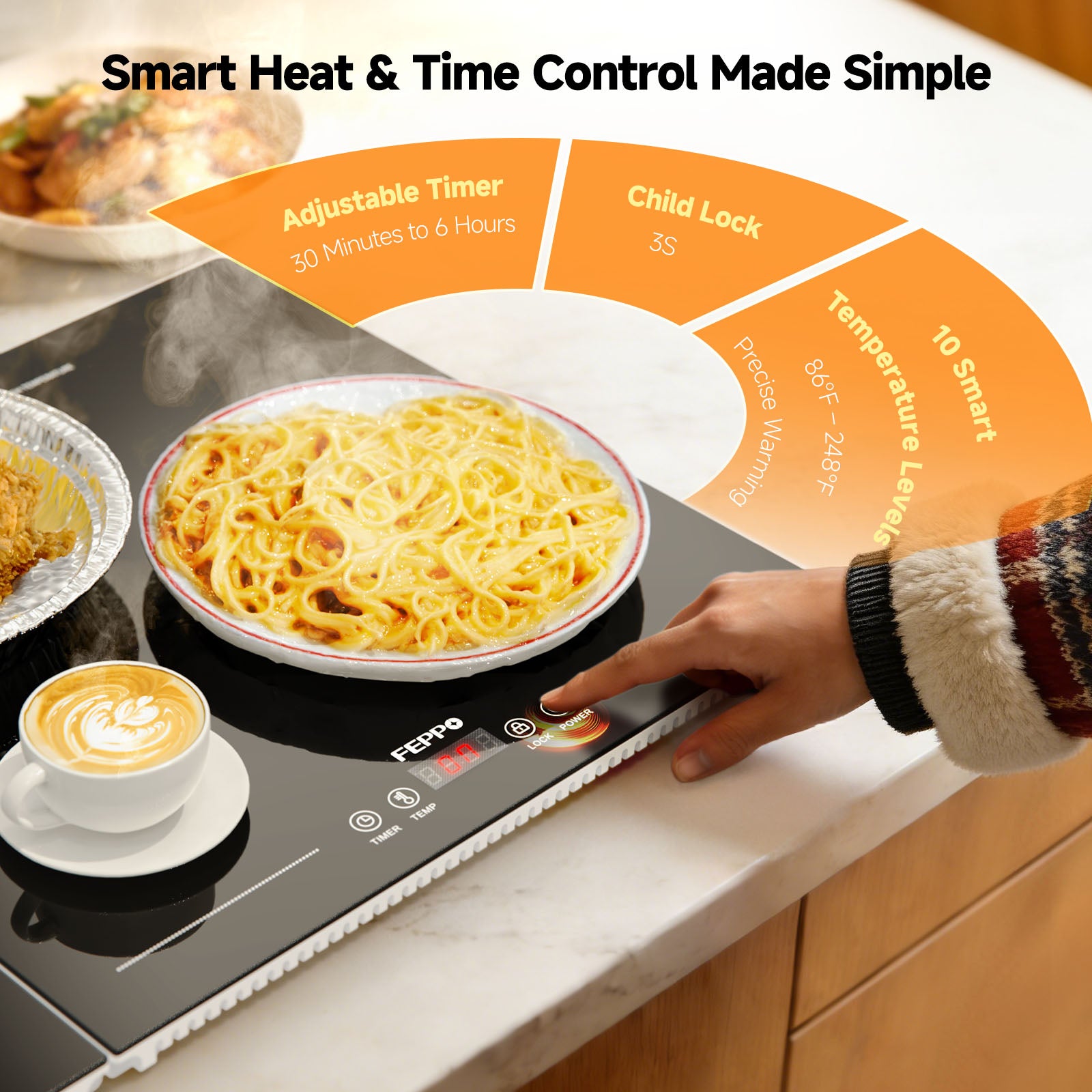 FEPPO Electric Food Warming Tray, Extra-Long 47"x15" 3-in-1 Expandable Modular Food Warmer with Independent Temp & Timer Control, Food Warming Mat for Parties & Buffet (Black)