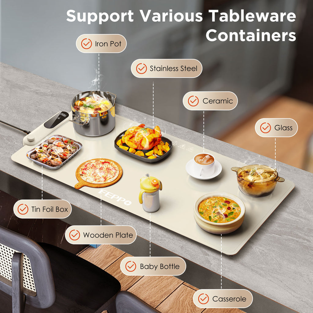 FEPPO Warming Mat for Food, (XXL 35”x16”) Electric Warming Tray with 19 Levels Adjustable Temperature and 6 Hours Timer, 500W Fast Heating, Rollable Large Food Warming Mat for Parties (White)