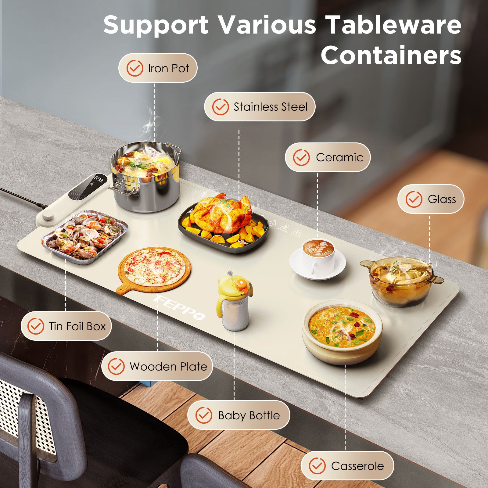 FEPPO Warming Mat for Food, (XXL 35”x16”) Electric Warming Tray with 19 Levels Adjustable Temperature and 6 Hours Timer, 500W Fast Heating, Rollable Large Food Warming Mat for Parties (White)
