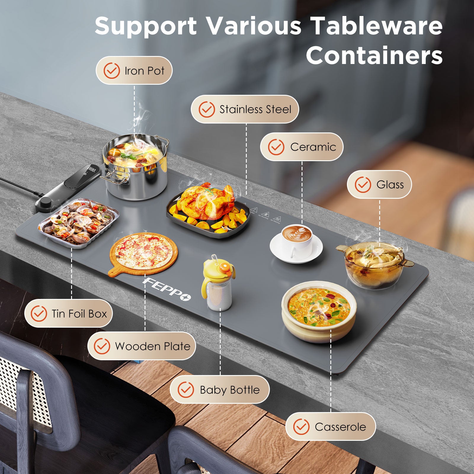 FEPPO Warming Mat for Food, (XXL 35”x16”) Electric Warming Tray with 19 Levels Adjustable Temperature and 6 Hours Timer, 500W Fast Heating, Rollable Large Food Warming Mat for Parties (Gray)