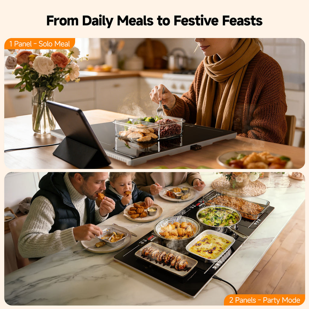 FEPPO Electric Food Warming Tray, 2-in-1 Expandable Modular Buffet Food Warmer, Dual-Zone Independent Temp & Timer Control, 31"x15" Glass Surface, Food Warmers for Parties & Buffet (Black)