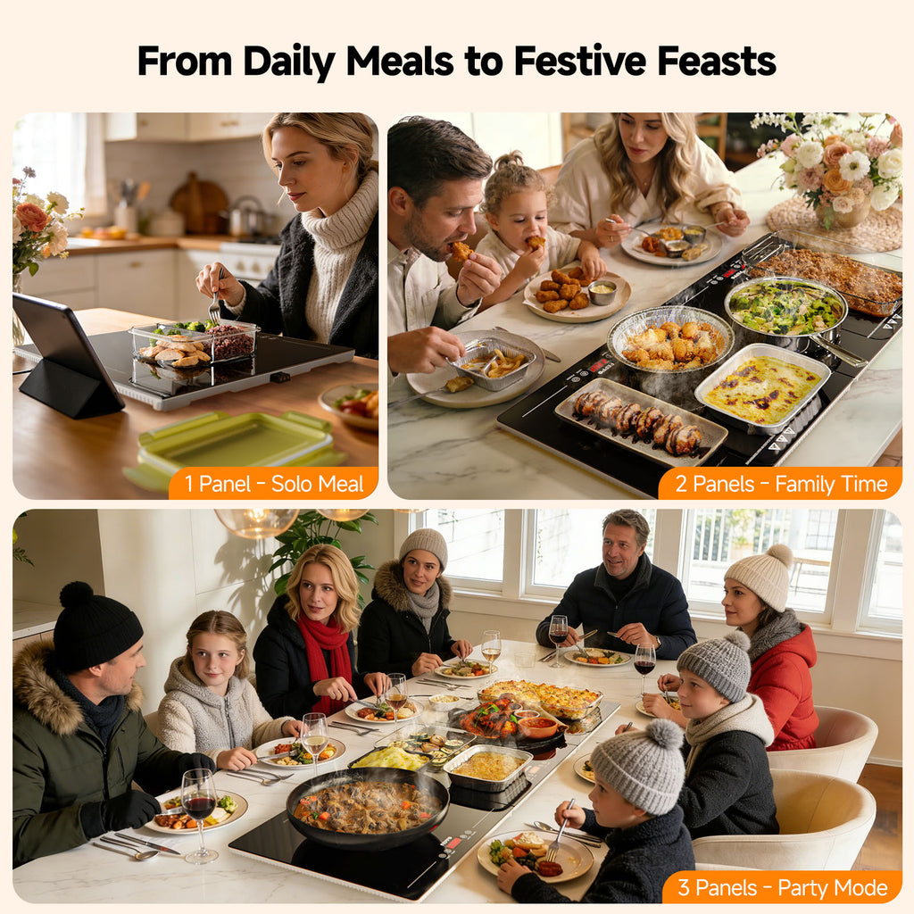 FEPPO Electric Food Warming Tray, Extra-Long 47"x15" 3-in-1 Expandable Modular Food Warmer with Independent Temp & Timer Control, Food Warming Mat for Parties & Buffet (Black)