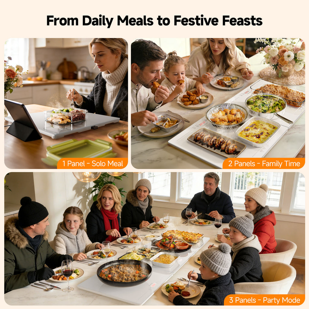 FEPPO Electric Food Warming Tray, Extra-Long 47"x15" 3-in-1 Expandable Modular Food Warmer with Independent Temp & Timer Control, Food Warming Mat for Parties & Buffet (White)