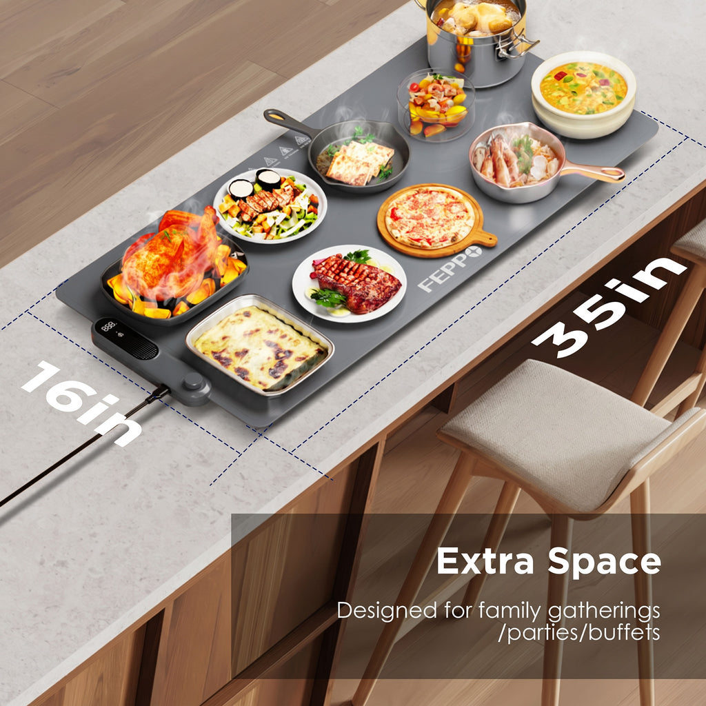 FEPPO Warming Mat for Food, (XXL 35”x16”) Electric Warming Tray with 19 Levels Adjustable Temperature and 6 Hours Timer, 500W Fast Heating, Rollable Large Food Warming Mat for Parties (Gray)