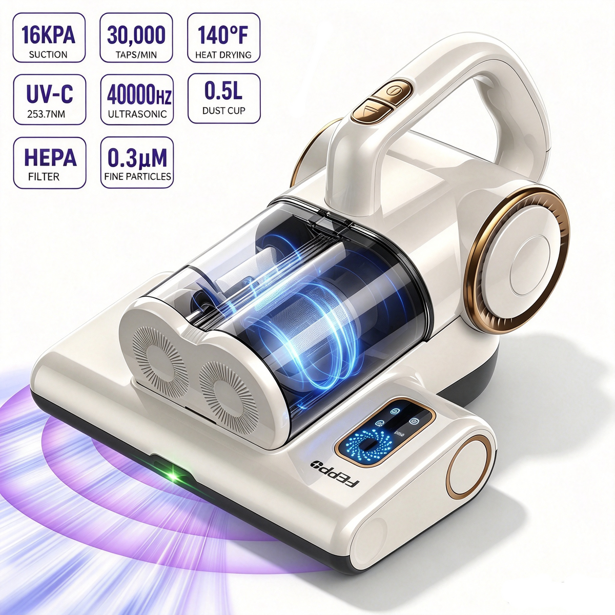 FEPPO Mattress Vacuum Cleaner, 16Kpa Corded Bed Vacuum Cleaner (500W, White)