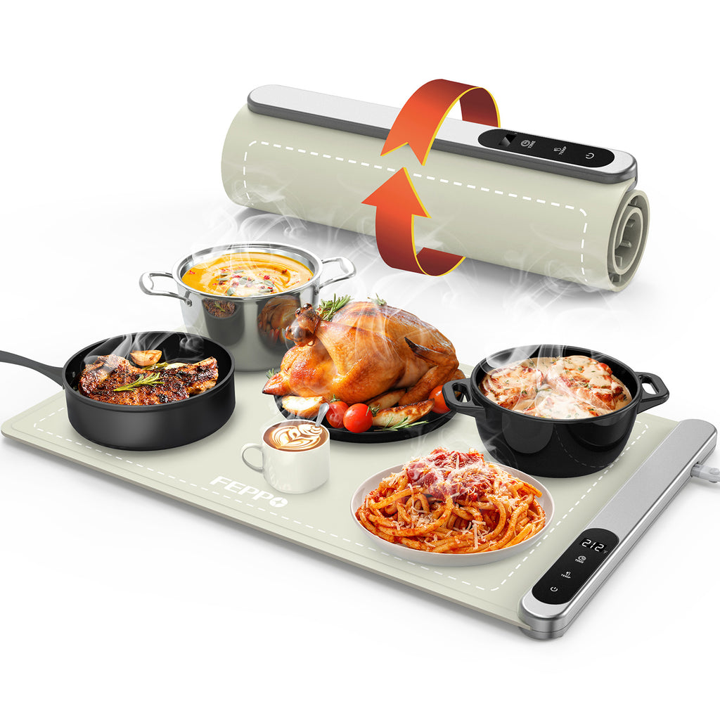 FEPPO Food Warming Mat, Warming Mat for Food with 6-Level Adjustable Temperature & 6-Hour Timer, Upgraded 500W Fast-Heating System, Roll-Up Food Warmer for Parties and Buffets (White)