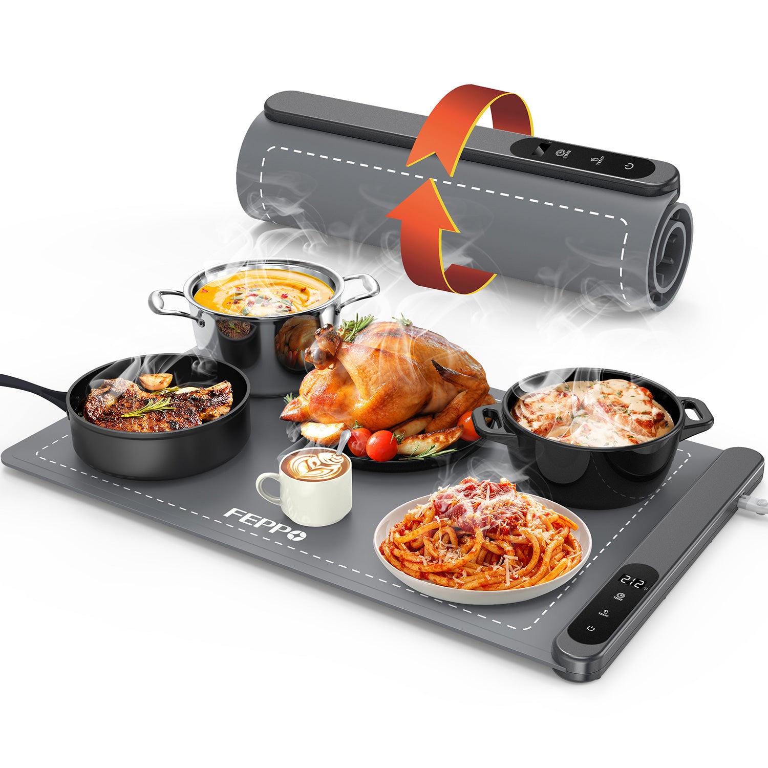 FEPPO Food Warming Mat, Warming Mat for Food with 6-Level Adjustable Temperature & 6-Hour Timer, Upgraded 500W Fast-Heating System, Roll-Up Food Warmer for Parties and Buffets (Gray)