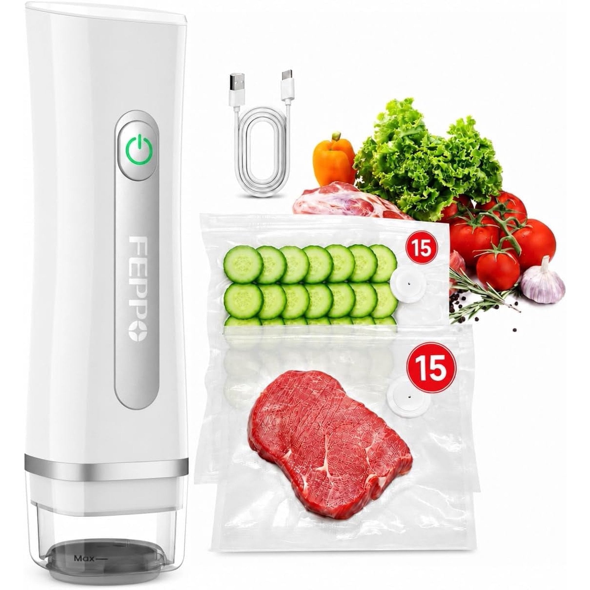 FEPPO Handheld Vacuum Sealer, Compact Vacuum Sealer for food with Visible Water Tank, 30 Reusable Bags Included, 6X Longer Freshness (White)