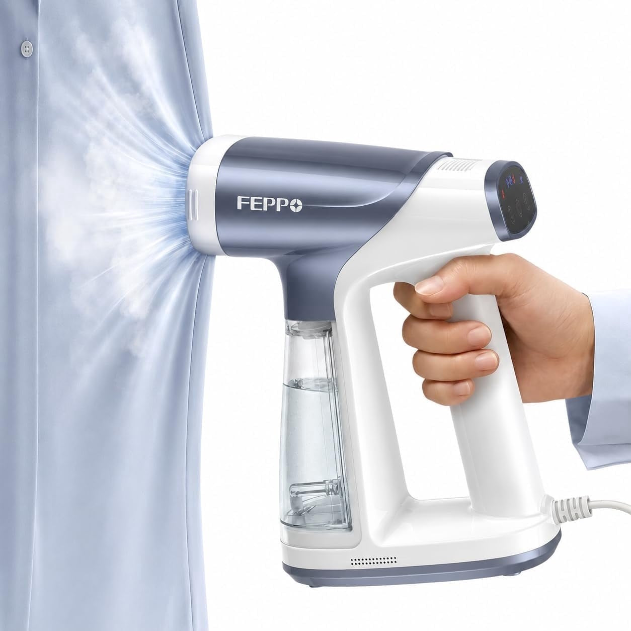 FEPPO 2-in-1 Vacuum Garment Steamer, Handheld Steam & Iron with LED Display, Adjustable Suction & Steam, One-Hand Use (110–120V)