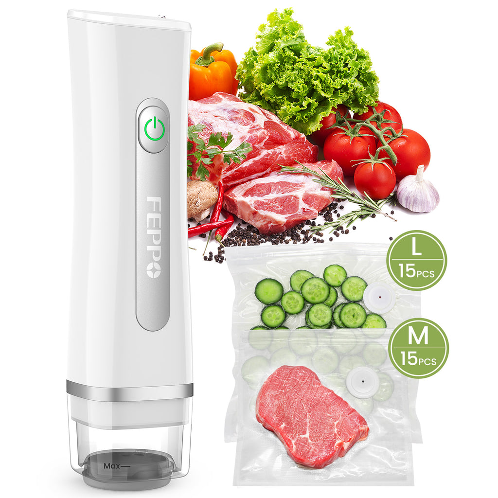 FEPPO Handheld Vacuum Sealer, Compact Vacuum Sealer for food with Visible Water Tank, 30 Reusable Bags Included, 6X Longer Freshness (White)