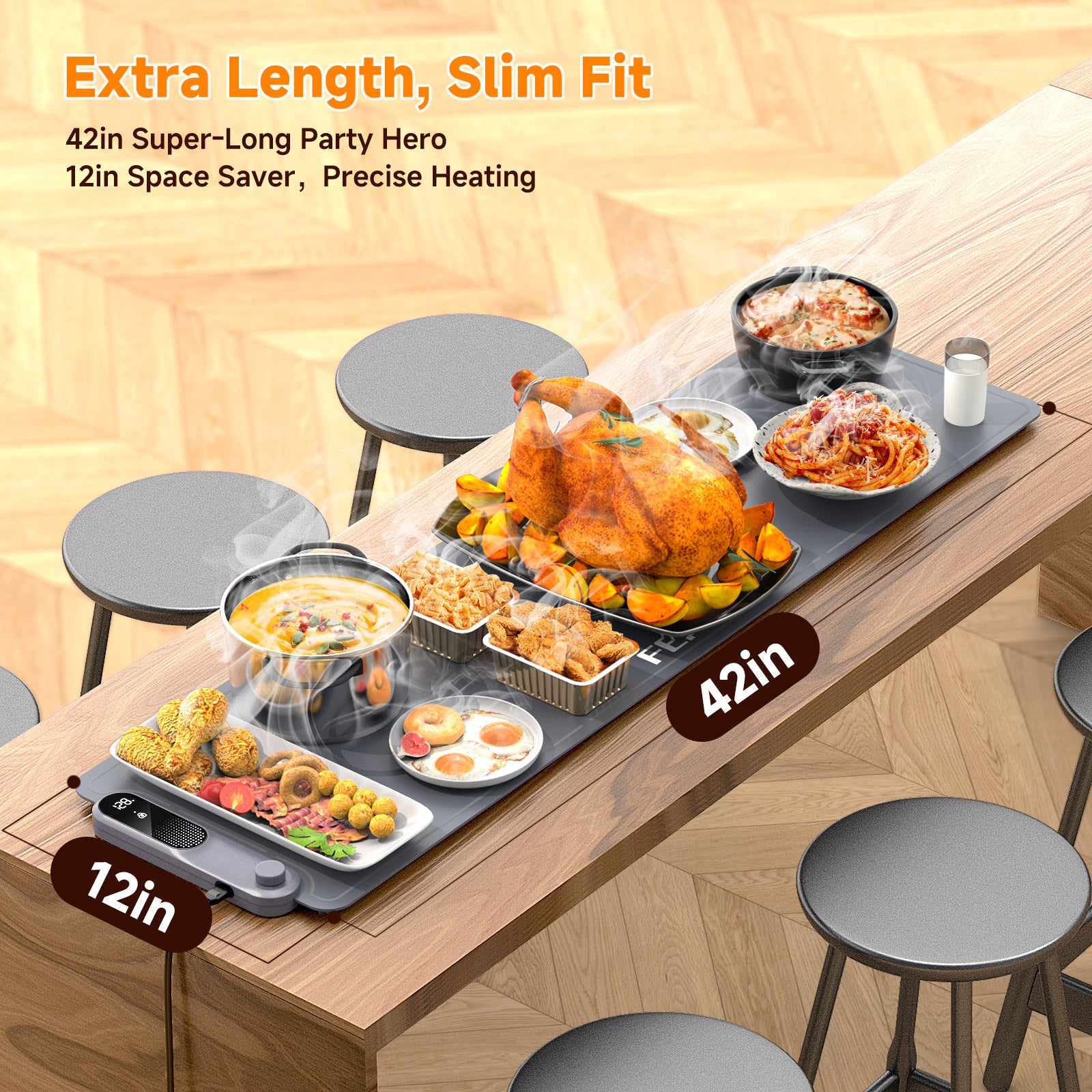 FEPPO Electric Warming Tray, Extra-Long 42" x 12", Fast Full-Surface Heating Food Warming Mat with 19-Level Adjustable Temperature & 6-Hour Timer, Roll Up Food Warmers for Parties Buffet (Gray)