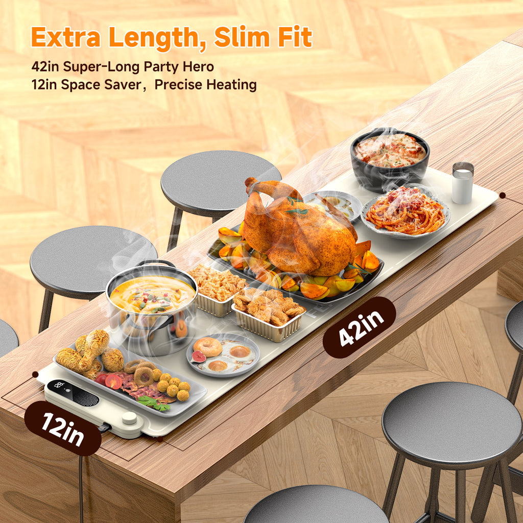 FEPPO Electric Warming Tray, Extra-Long 42" x 12", Fast Full-Surface Heating Food Warming Mat with 19-Level Adjustable Temperature & 6-Hour Timer, Roll Up Food Warmers for Parties Buffet (White)