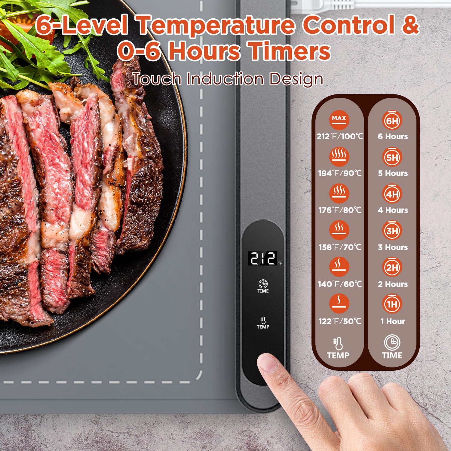 FEPPO Food Warming Mat, Warming Mat for Food with 6-Level Adjustable Temperature & 6-Hour Timer, Upgraded 500W Fast-Heating System, Roll-Up Food Warmer for Parties and Buffets (Gray)