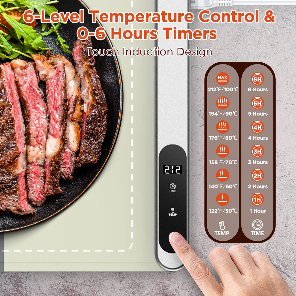 FEPPO Food Warming Mat, Warming Mat for Food with 6-Level Adjustable Temperature & 6-Hour Timer, Upgraded 500W Fast-Heating System, Roll-Up Food Warmer for Parties and Buffets (White)
