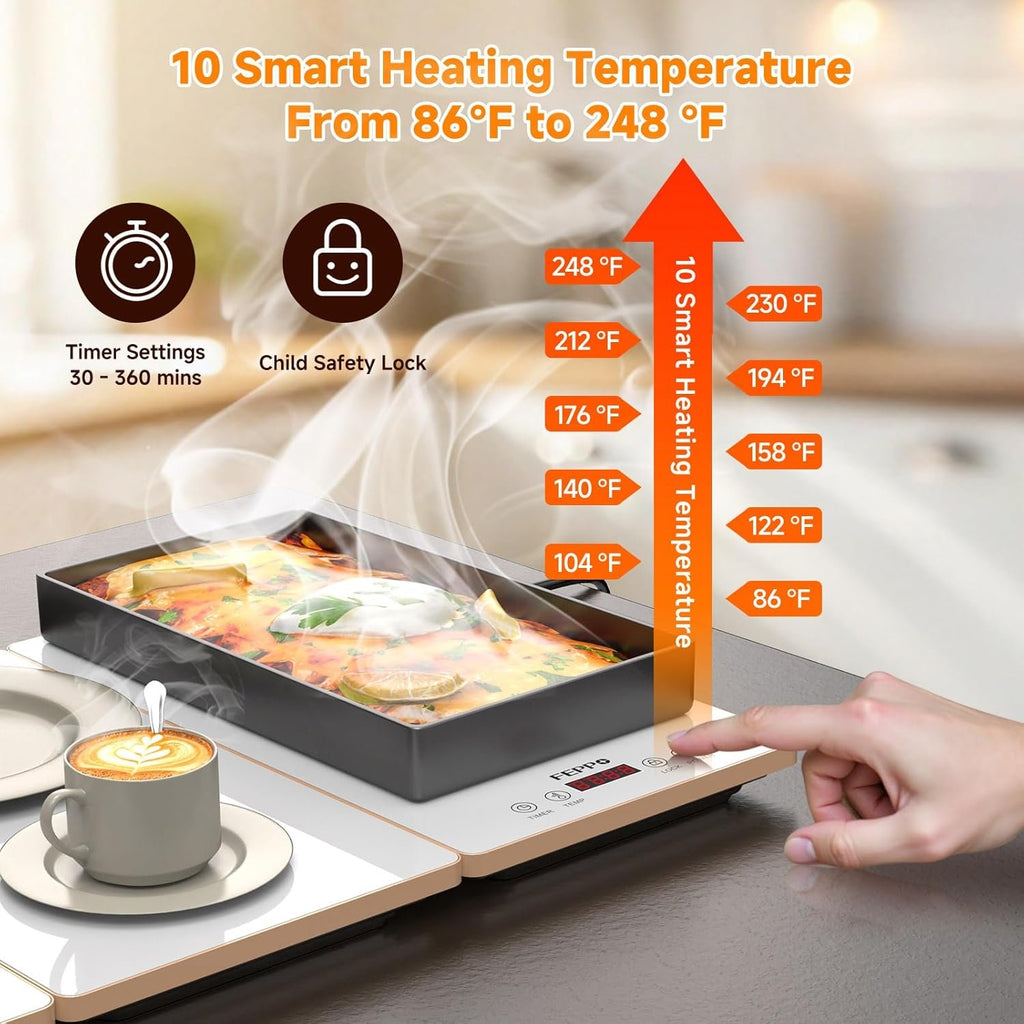 FEPPO Electric Food Warming Tray, 4-in-1 Modular Buffet Food Warmer with 10 Temp Settings & 6-Hour Timer, 33"x15" Glass Surface, Expandable Hot Plates for Parties & Catering (White)