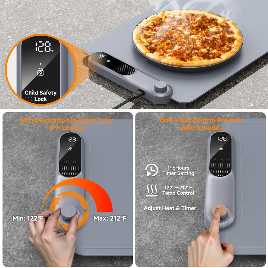 FEPPO Electric Warming Tray, Extra-Long 42" x 12", Fast Full-Surface Heating Food Warming Mat with 19-Level Adjustable Temperature & 6-Hour Timer, Roll Up Food Warmers for Parties Buffet (Gray)