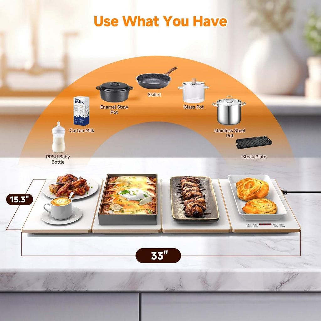 FEPPO Electric Food Warming Tray, 4-in-1 Modular Buffet Food Warmer with 10 Temp Settings & 6-Hour Timer, 33"x15" Glass Surface, Expandable Hot Plates for Parties & Catering (White)