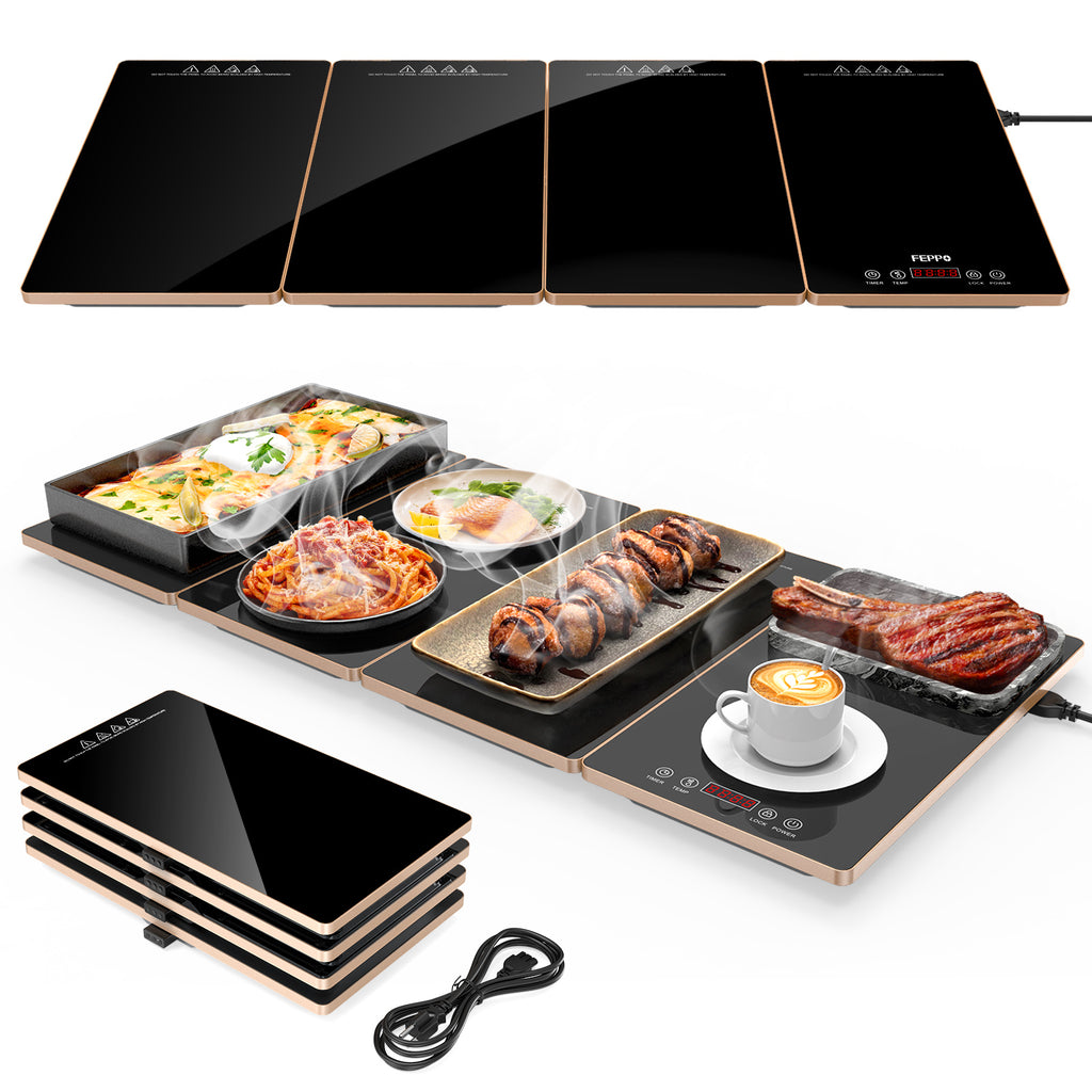 FEPPO Electric Food Warming Tray, 4-in-1 Modular Buffet Food Warmer with 10 Temp Settings & 6-Hour Timer, 33"x15" Glass Surface, Expandable Hot Plates for Parties & Catering (Black)