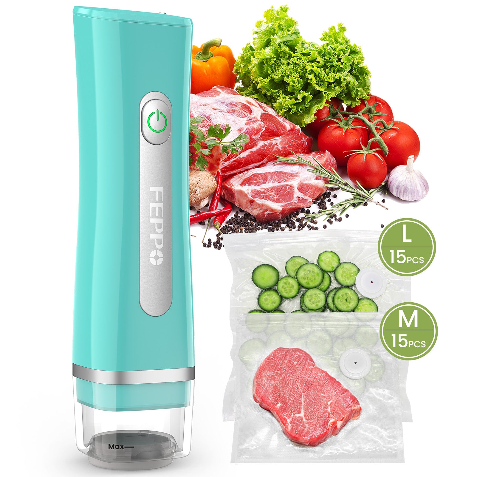 FEPPO Handheld Vacuum Sealer with Visible Water Tank, Compact Food Saver Machine with 30 Reusable Bags, Up to 6X Freshness Preservation