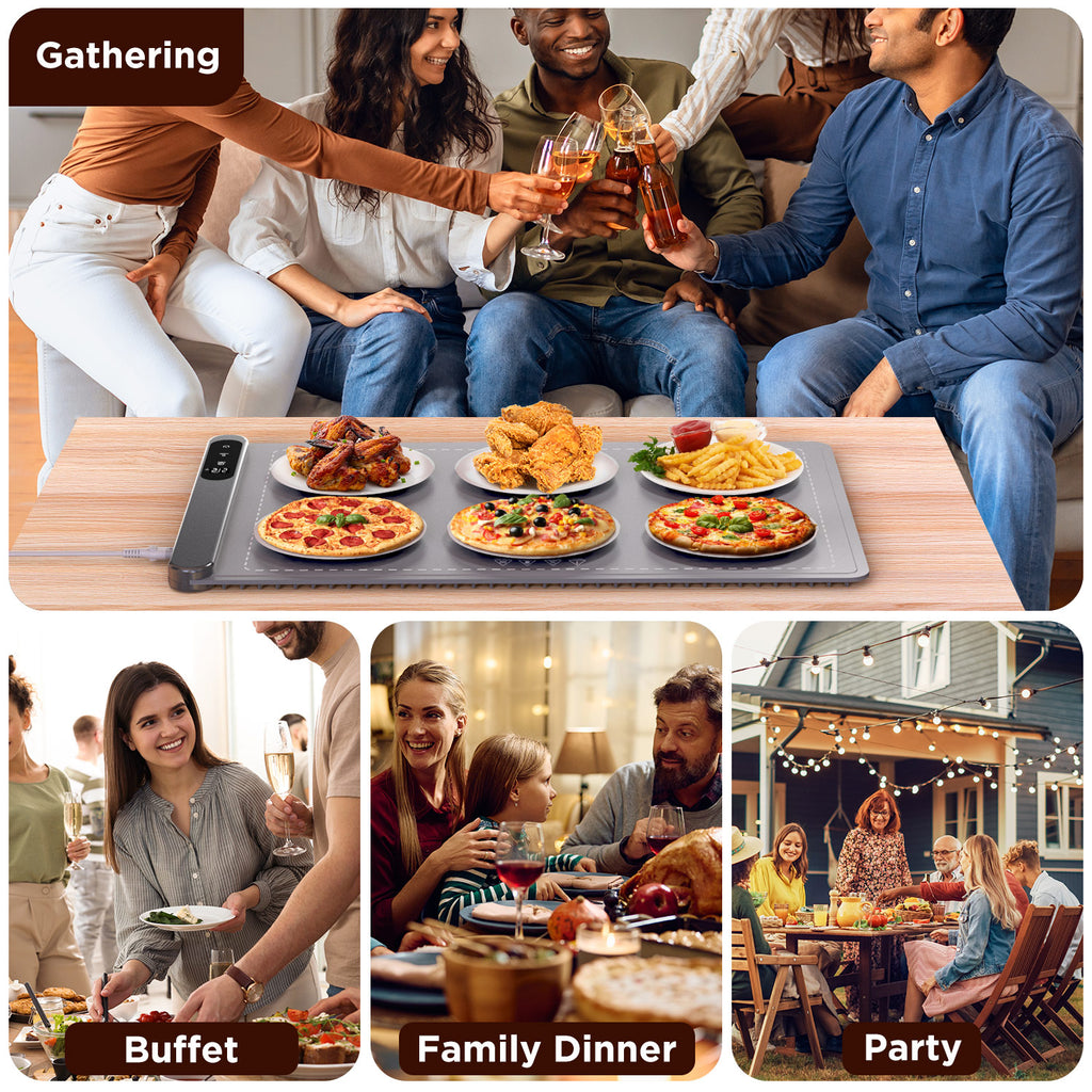 FEPPO Food Warming Mat, Warming Mat for Food with 6-Level Adjustable Temperature & 6-Hour Timer, Upgraded 500W Fast-Heating System, Roll-Up Food Warmer for Parties and Buffets (Gray)