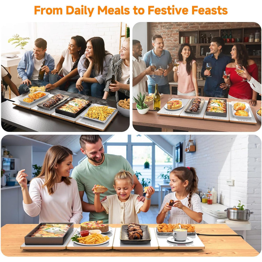 FEPPO Electric Food Warming Tray, 4-in-1 Modular Buffet Food Warmer with 10 Temp Settings & 6-Hour Timer, 33"x15" Glass Surface, Expandable Hot Plates for Parties & Catering (White)