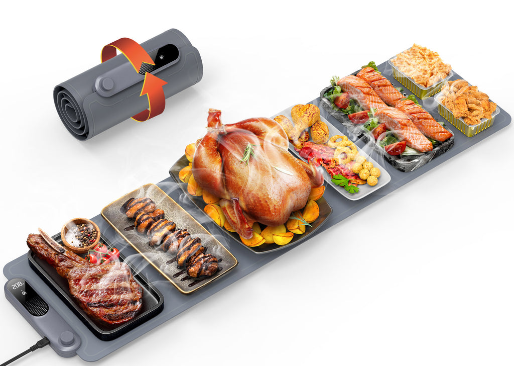 FEPPO Electric Warming Tray, Extra-Long 42" x 12", Fast Full-Surface Heating Food Warming Mat with 19-Level Adjustable Temperature & 6-Hour Timer, Roll Up Food Warmers for Parties Buffet (Gray)