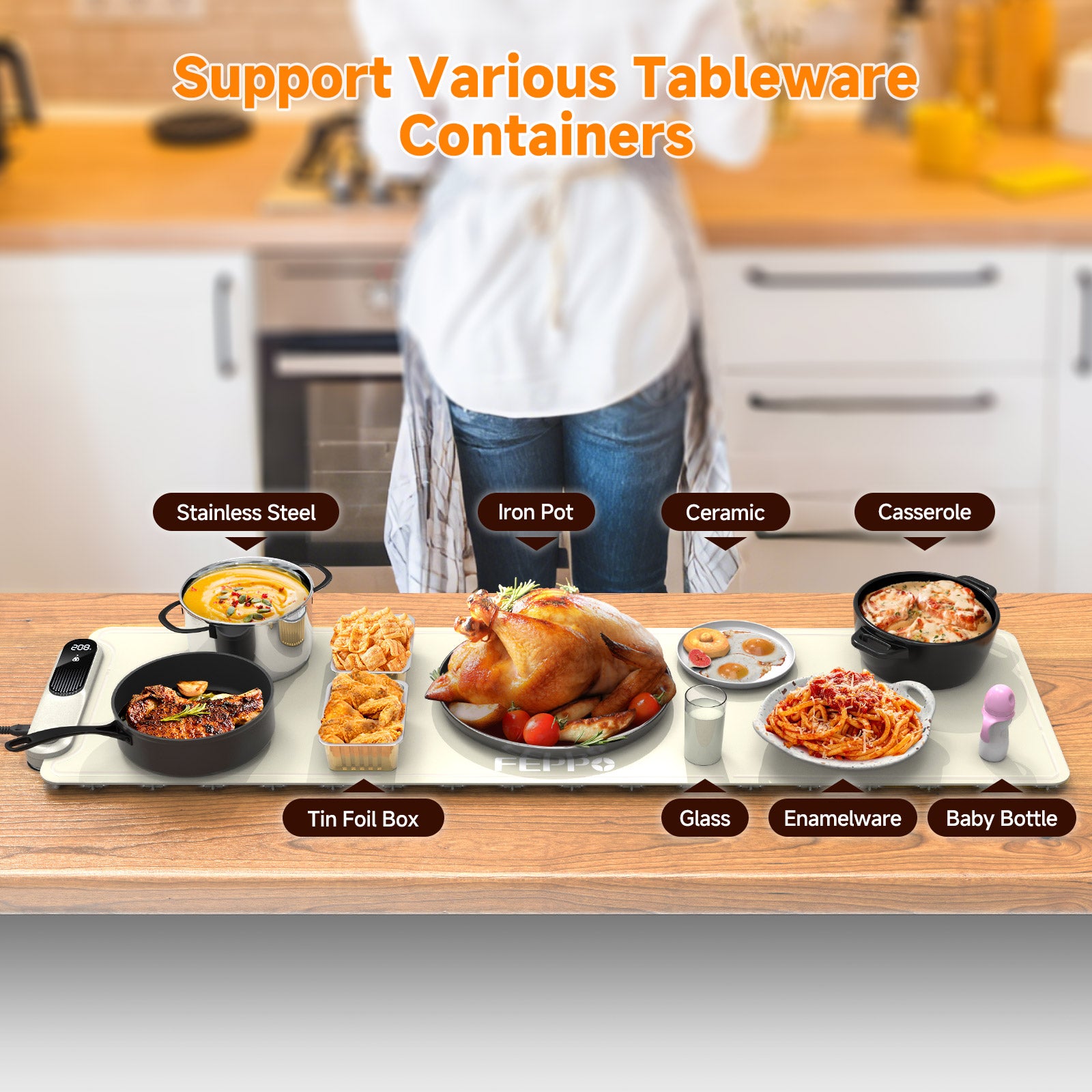 FEPPO Electric Warming Tray, Extra-Long 42" x 12", Fast Full-Surface Heating Food Warming Mat with 19-Level Adjustable Temperature & 6-Hour Timer, Roll Up Food Warmers for Parties Buffet (White)