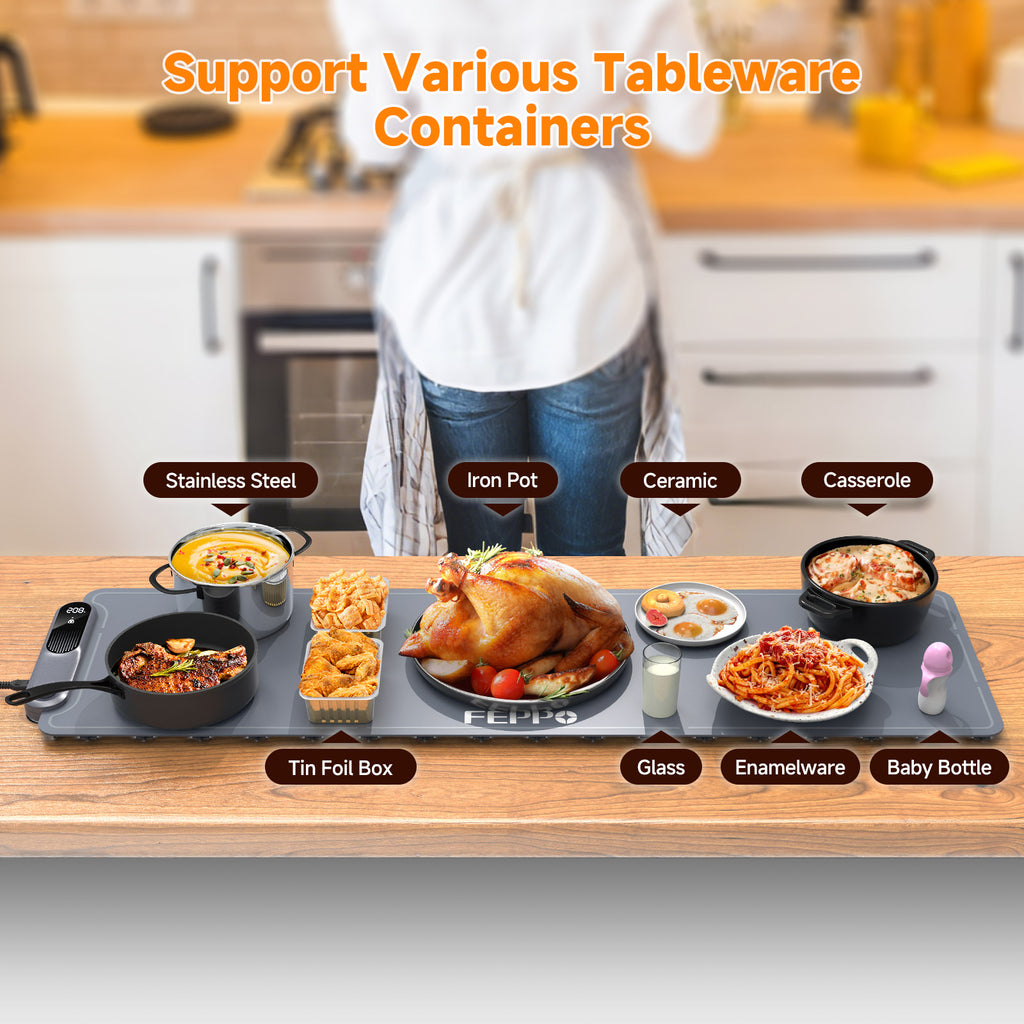 FEPPO Electric Warming Tray, Extra-Long 42" x 12", Fast Full-Surface Heating Food Warming Mat with 19-Level Adjustable Temperature & 6-Hour Timer, Roll Up Food Warmers for Parties Buffet (Gray)