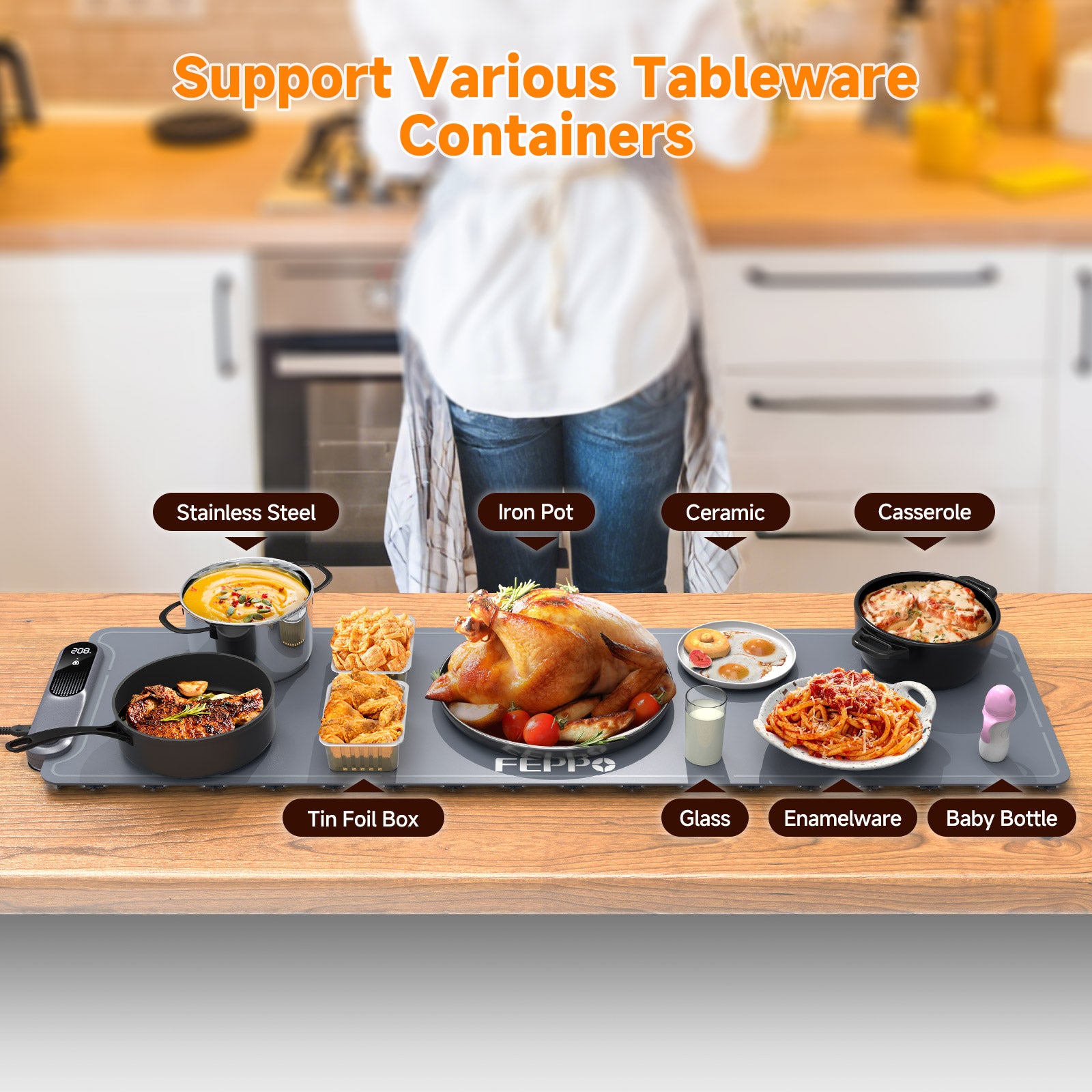 FEPPO Electric Warming Tray, Extra-Long 42" x 12", Fast Full-Surface Heating Food Warming Mat with 19-Level Adjustable Temperature & 6-Hour Timer, Roll Up Food Warmers for Parties Buffet (Gray)