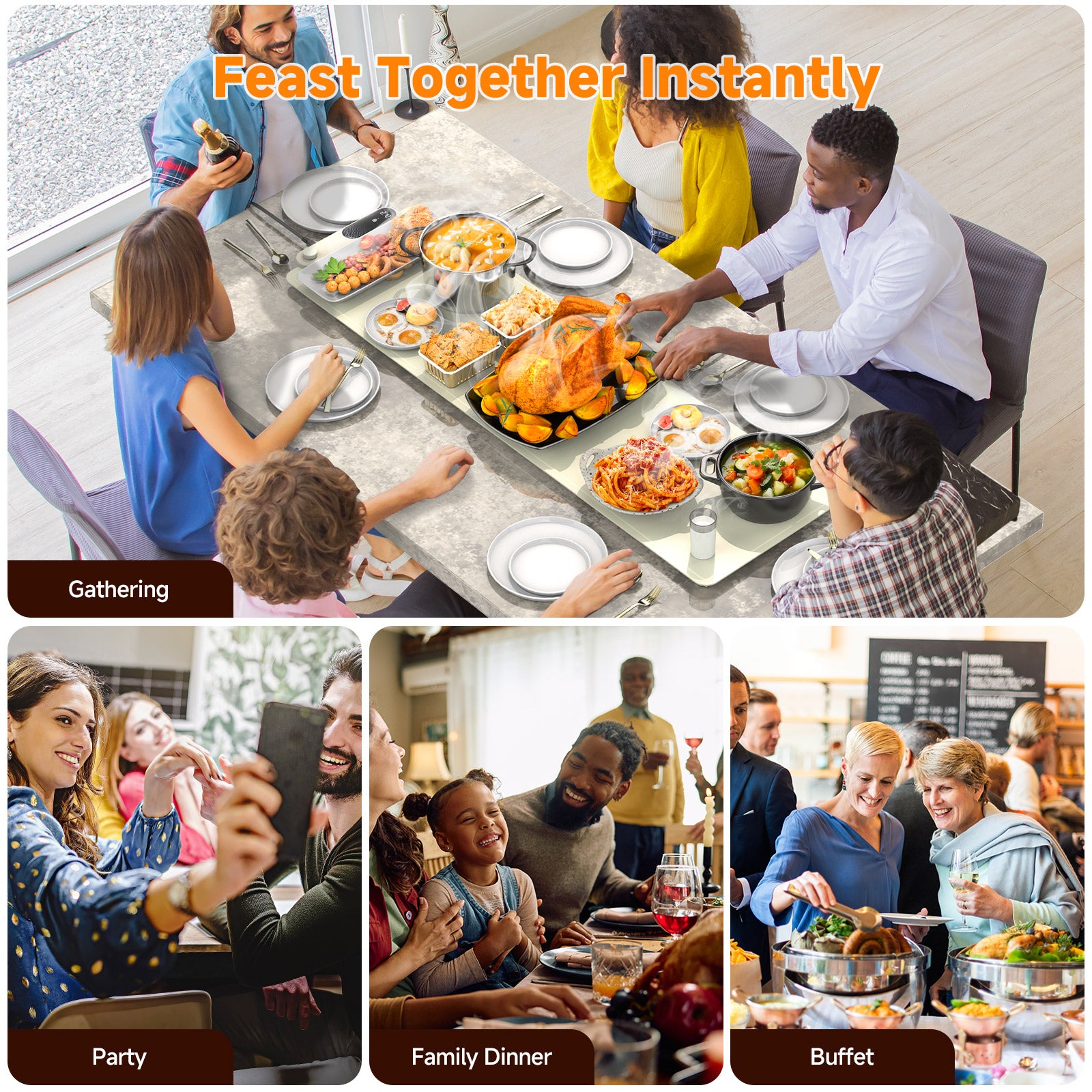 FEPPO Electric Warming Tray, Extra-Long 42" x 12", Fast Full-Surface Heating Food Warming Mat with 19-Level Adjustable Temperature & 6-Hour Timer, Roll Up Food Warmers for Parties Buffet (White)