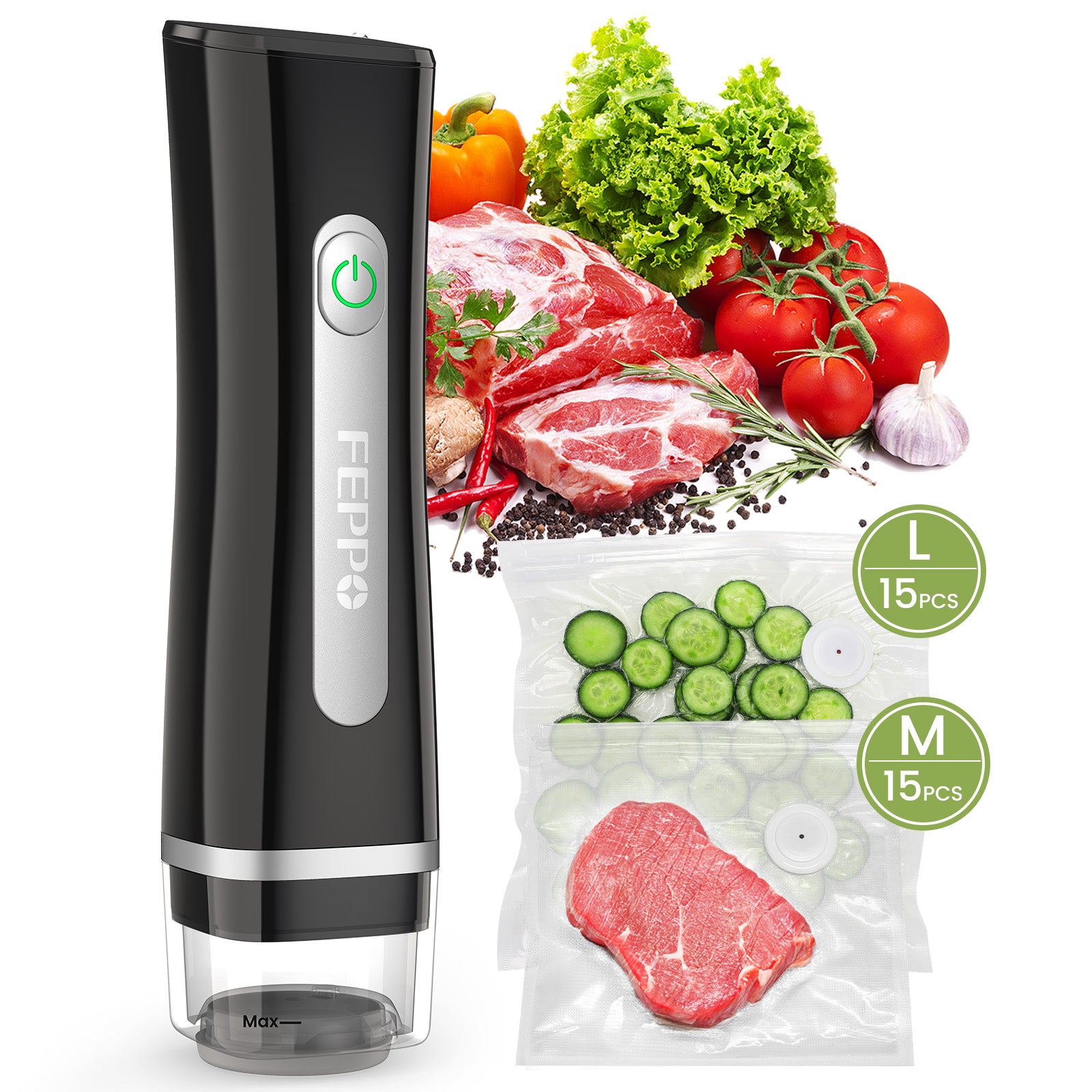 FEPPO Handheld Vacuum Sealer, Compact Vacuum Sealer for food with Visible Water Tank, 30 Reusable Bags Included, 6X Longer Freshness (Black)