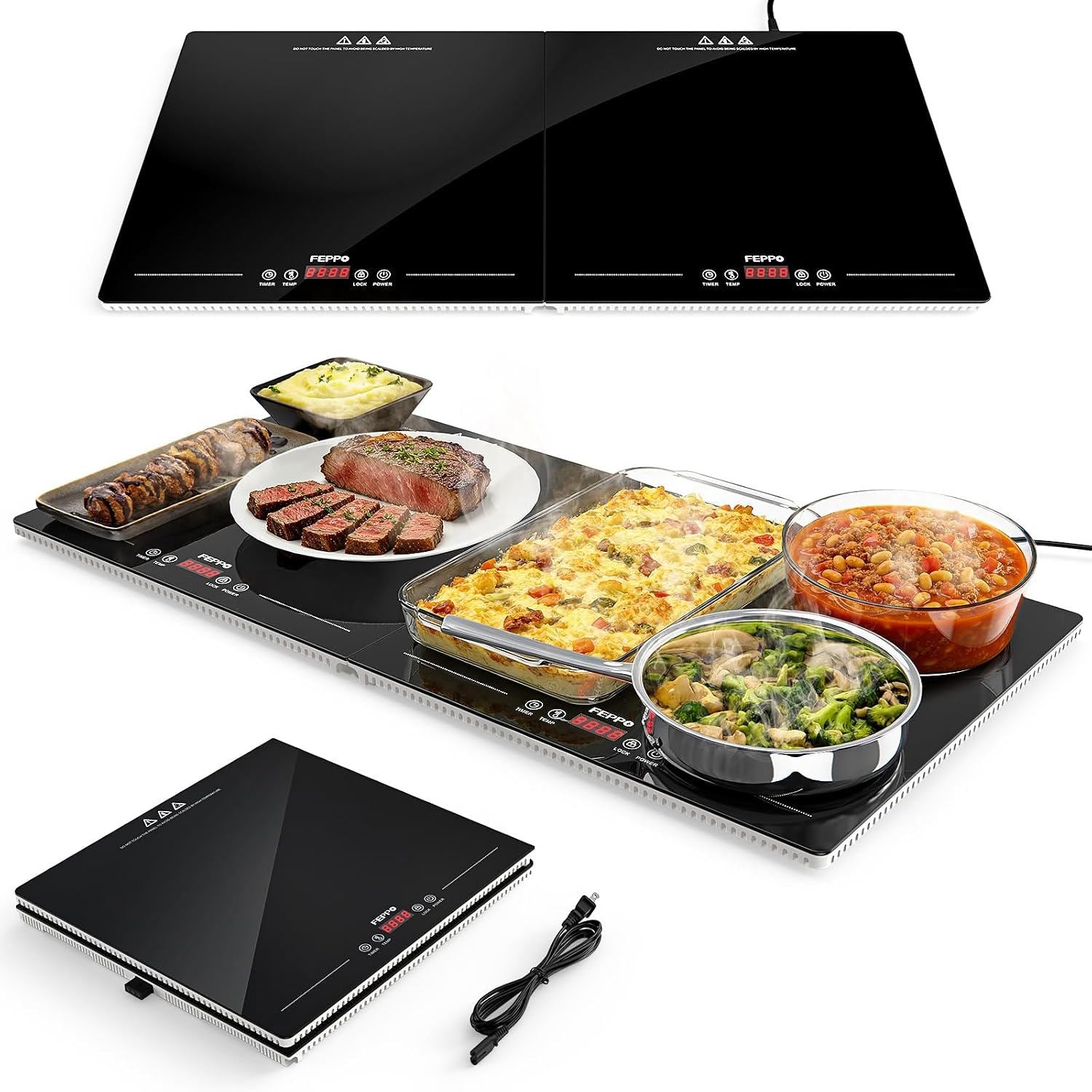FEPPO Electric Food Warming Tray, 2-in-1 Expandable Modular Buffet Food Warmer, Dual-Zone Independent Temp & Timer Control, 31"x15" Glass Surface, Food Warmers for Parties & Buffet (Black)