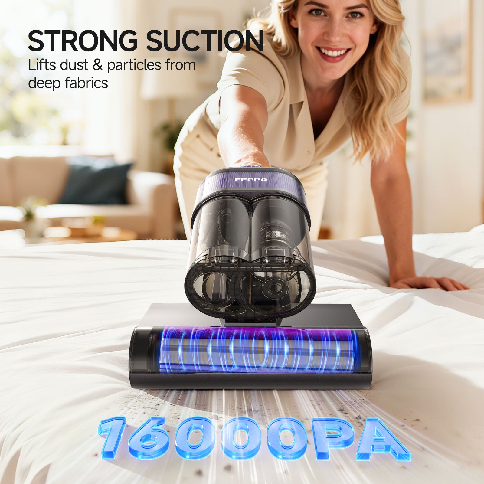 FEPPO Mattress Vacuum Cleaner, 16KPa Bed Vacuum Handheld with UV-C Light, 40,000 BPM High-Frequency Tapping, 140°F Hot Air, HEPA Filter for Mattress Sofa Crib (Black)