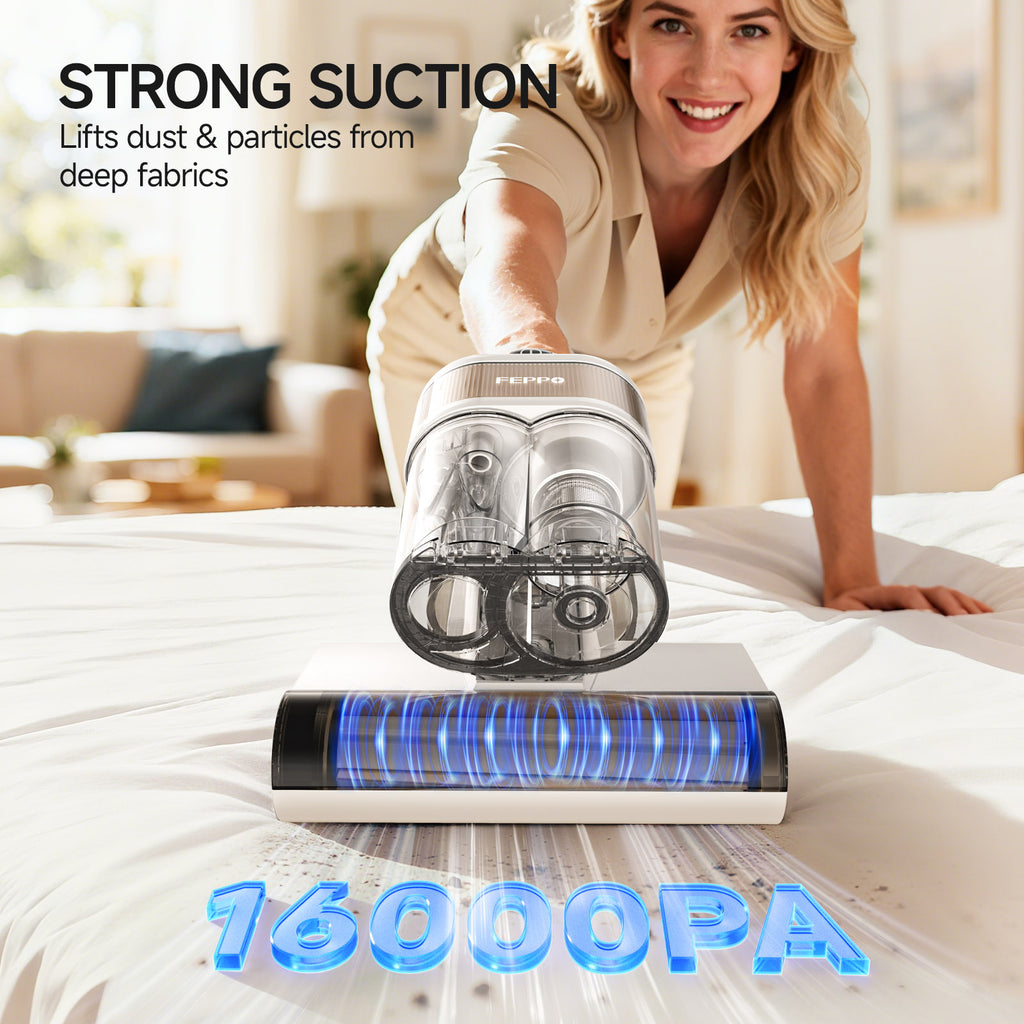 FEPPO Mattress Vacuum Cleaner, 16KPa Bed Vacuum Handheld with UV-C Light, 40,000 BPM High-Frequency Tapping, 140°F Hot Air, HEPA Filter for Mattress Sofa Crib (White)