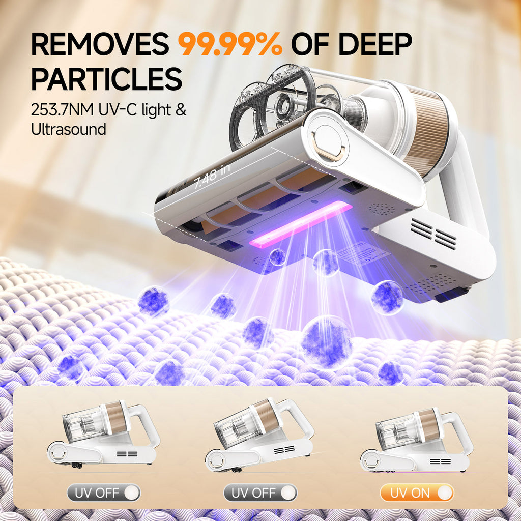 FEPPO Mattress Vacuum Cleaner, 16KPa Bed Vacuum Handheld with UV-C Light, 40,000 BPM High-Frequency Tapping, 140°F Hot Air, HEPA Filter for Mattress Sofa Crib (White)